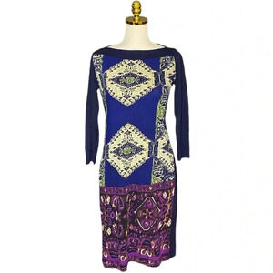 RITU KUMAR | Blue Patchwork Print Boat Neck Embellished Dress Size 3 (US 8/M)